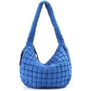 Blue Quilted Puffer Tote Bag for Women Large Crossbody Carryall Waterproof Nylon